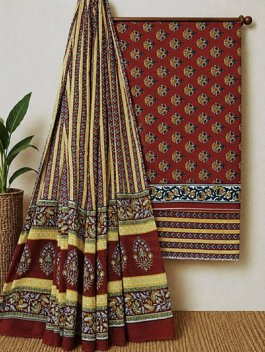 Red ethnic motif cotton screen print suit set