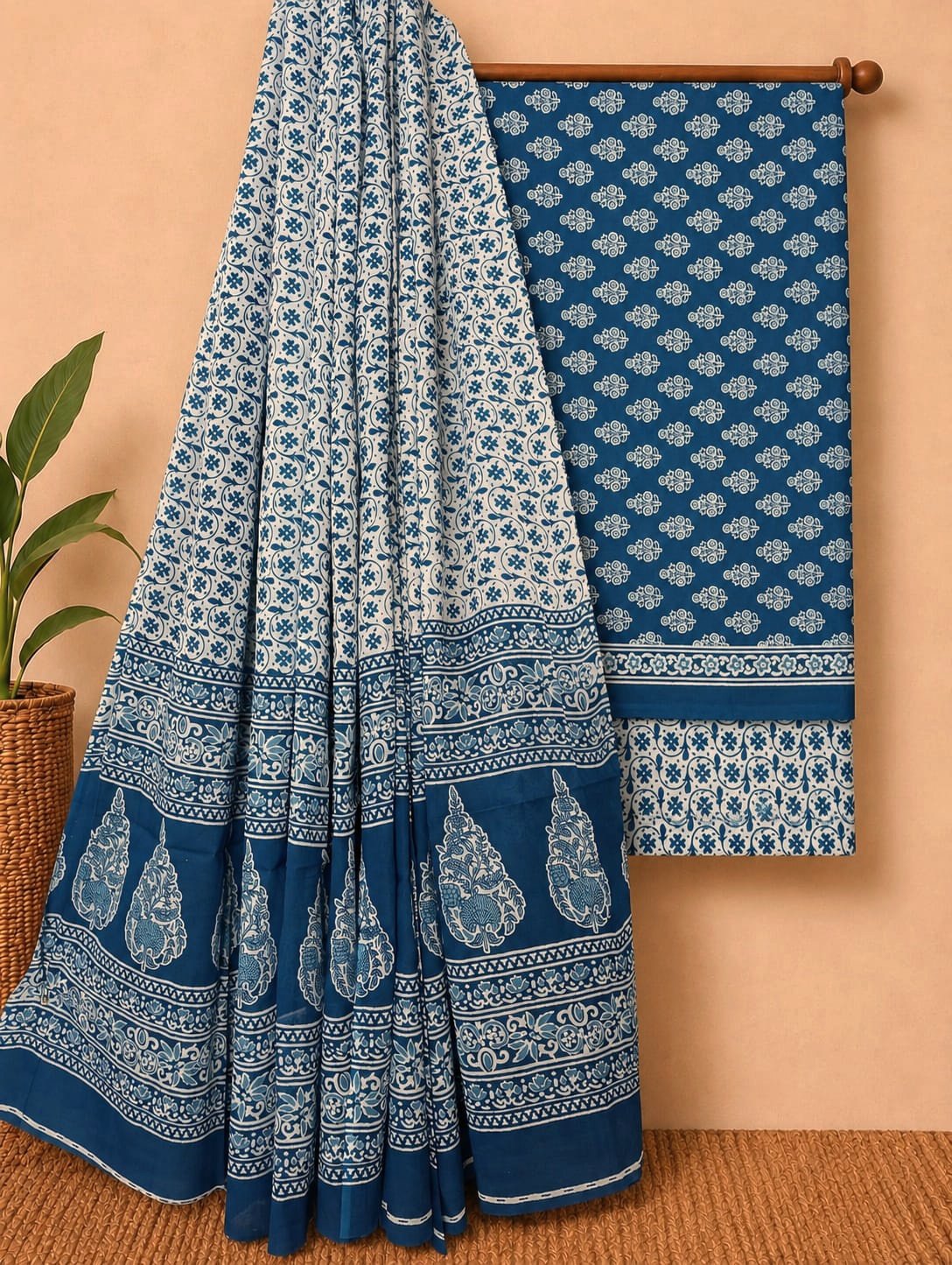 Blue floral screen print cotton salwar suit set