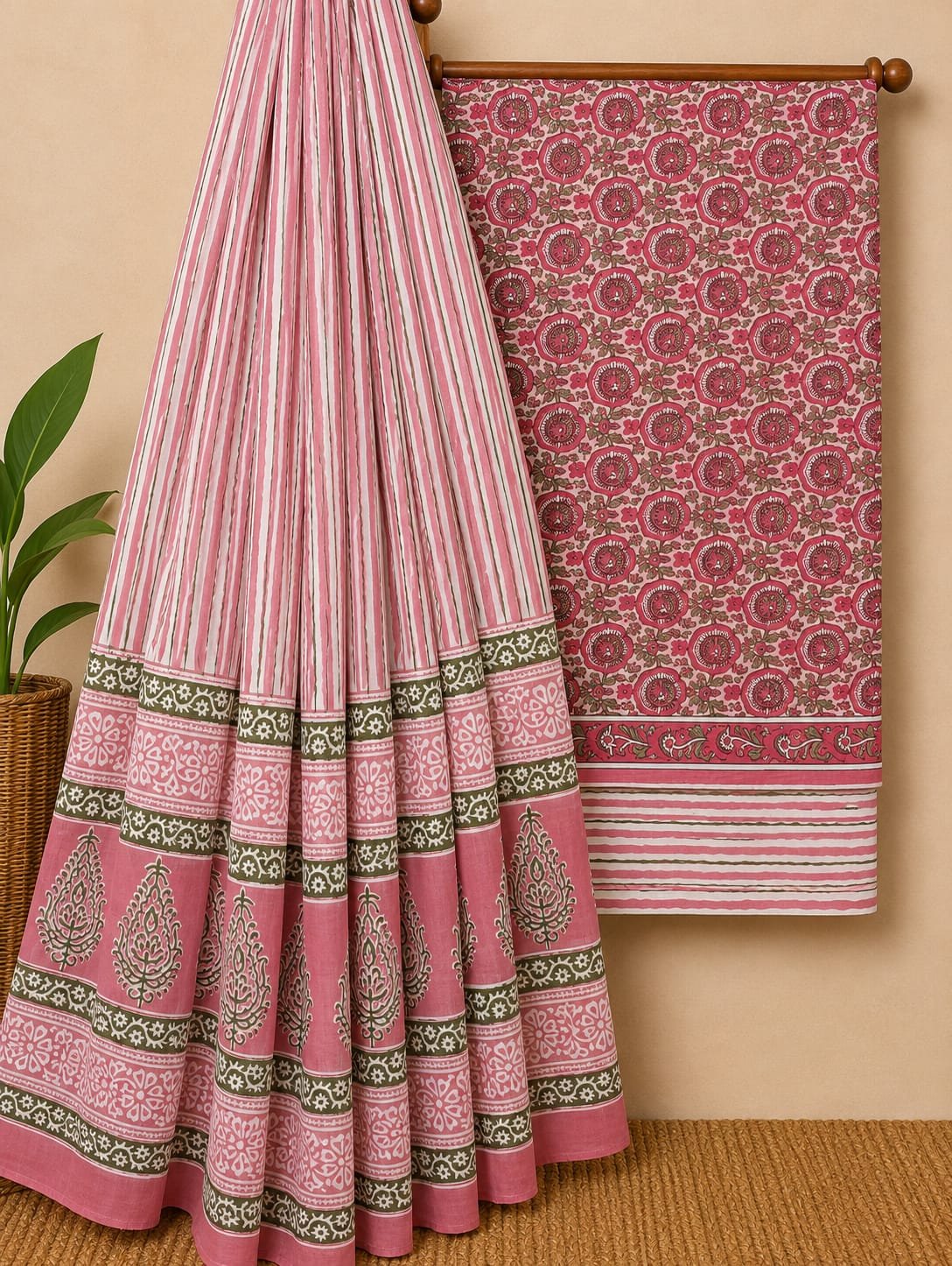 Pink striped screen print cotton salwar suit set
