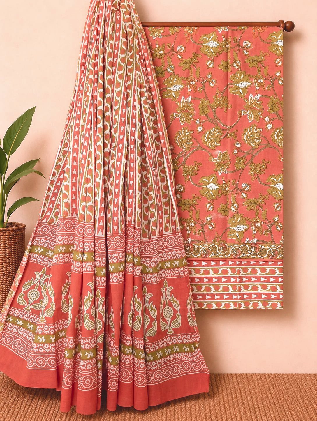 Coral floral cotton suit with ethnic motif