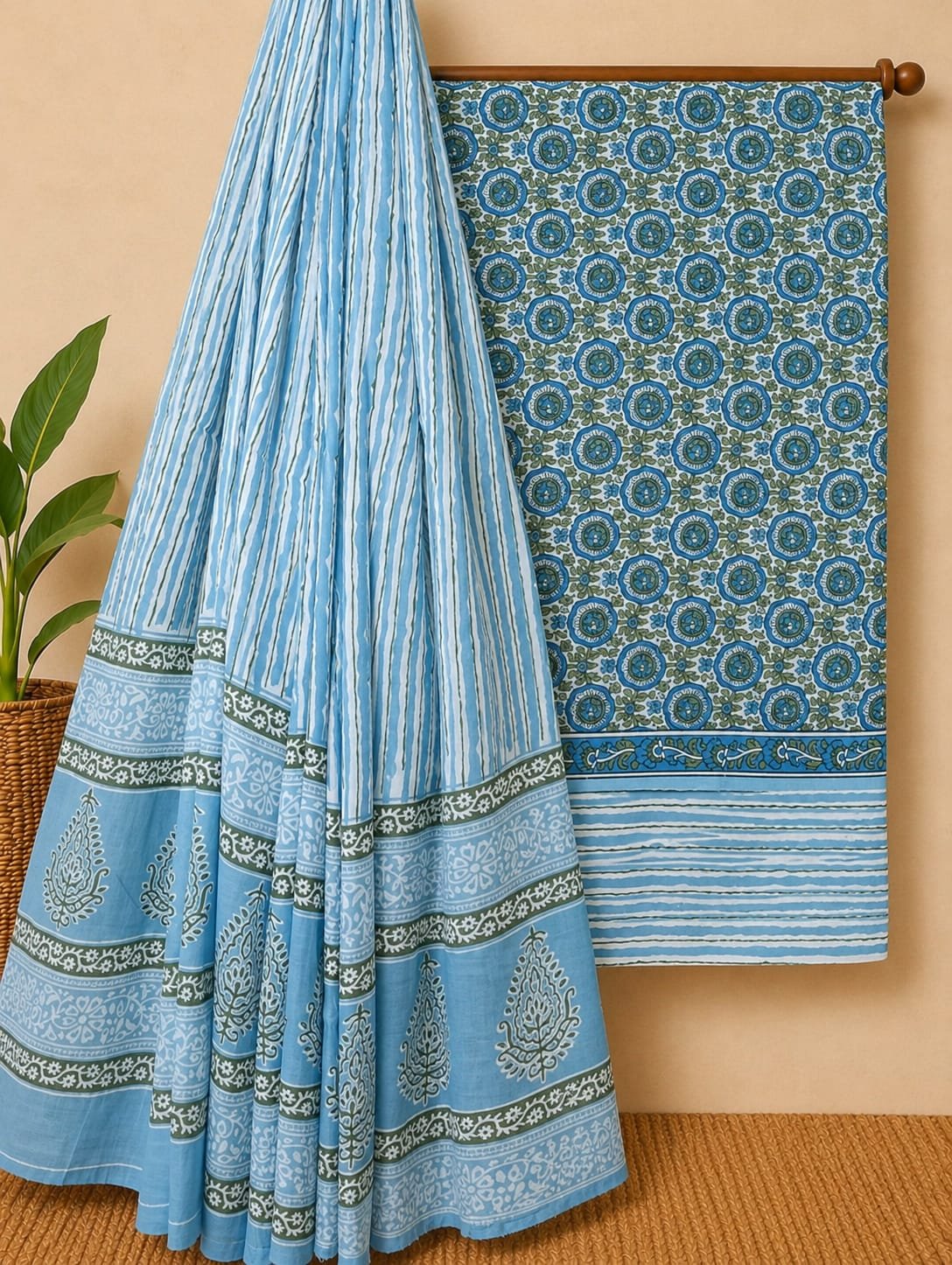 Blue geometric cotton suit with stripes design
