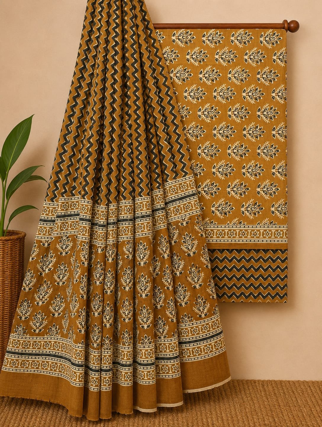Mustard leaf print cotton suit with zigzag design