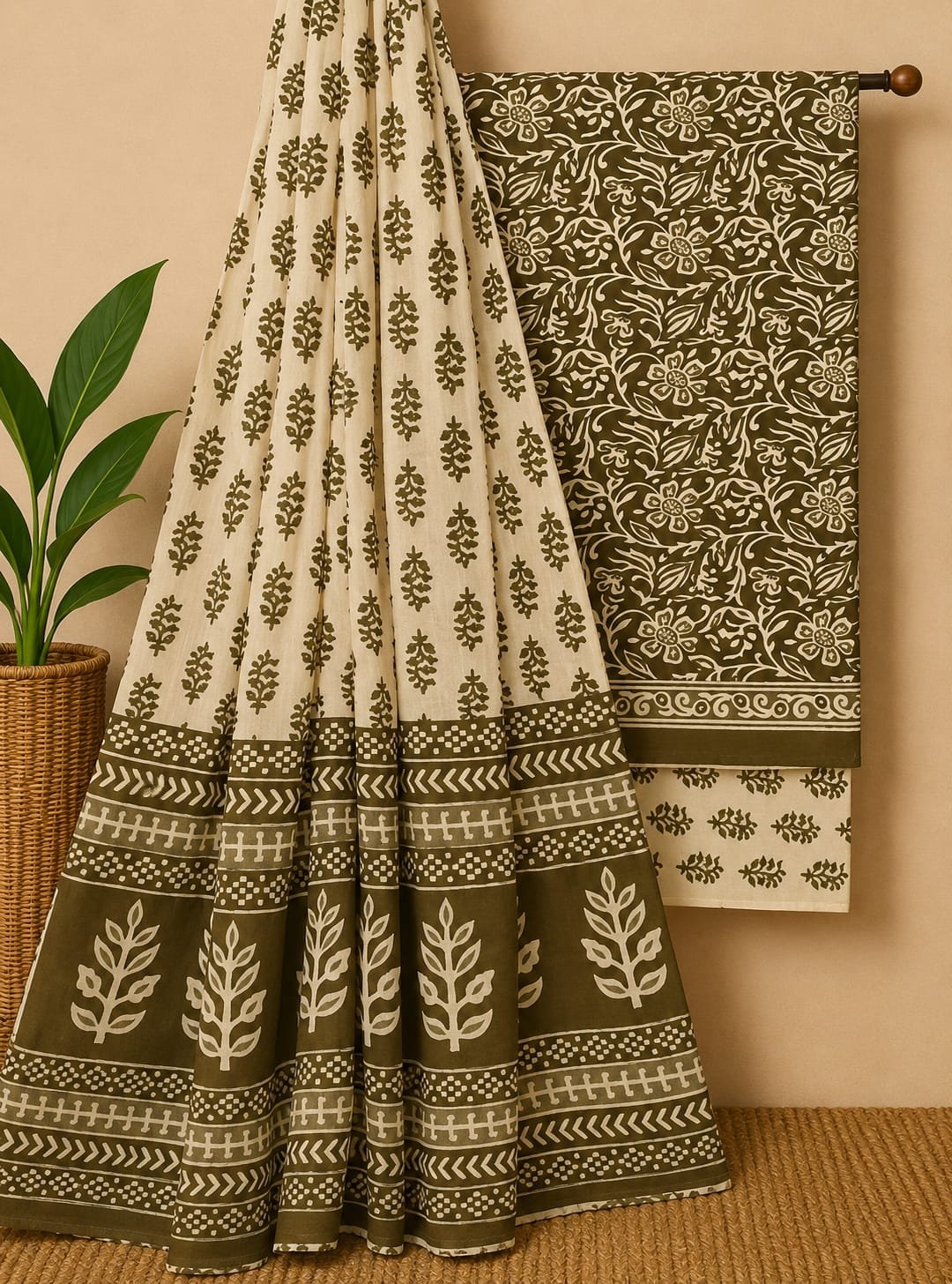 Olive ethnic motif cotton suit with floral pattern