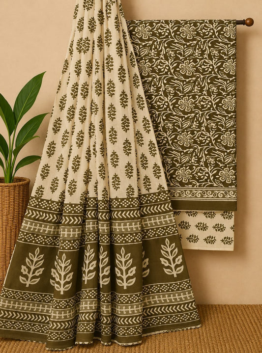 Olive ethnic motif cotton suit with floral pattern