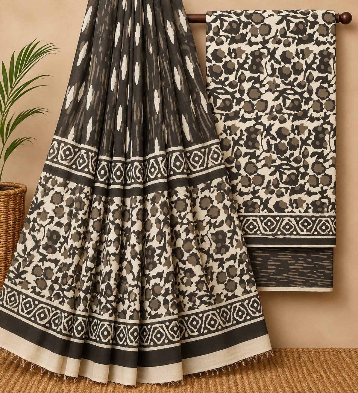 Black abstract cotton suit with floral design