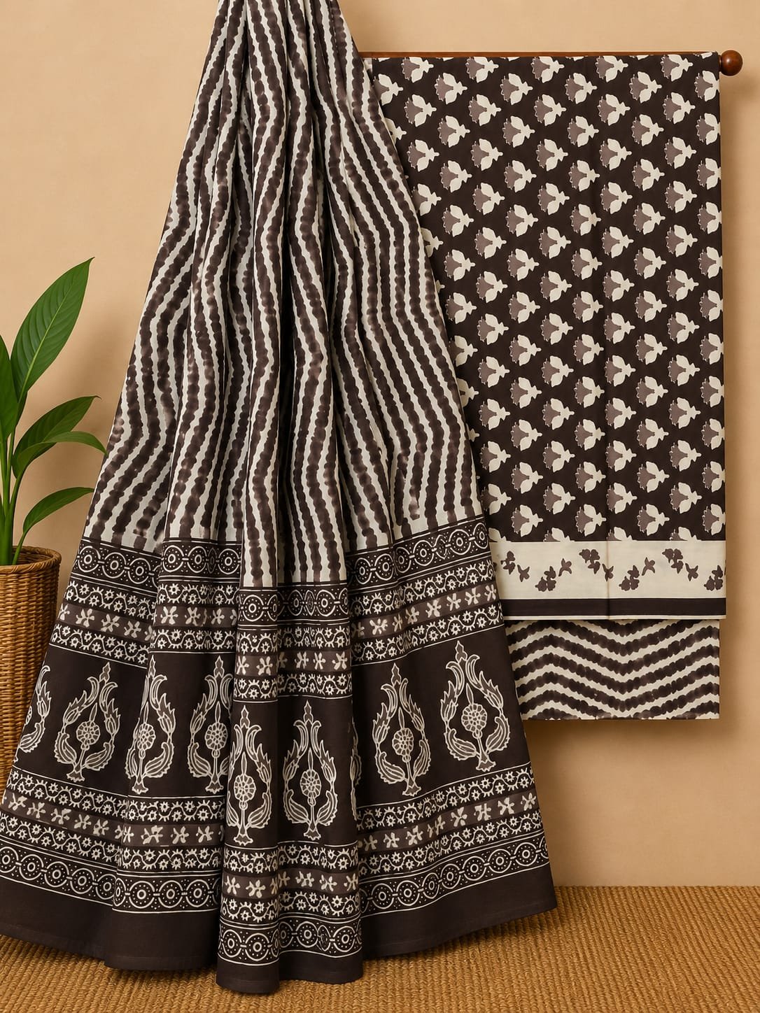 Brown ethnic motif cotton salwar suit set Jaipur