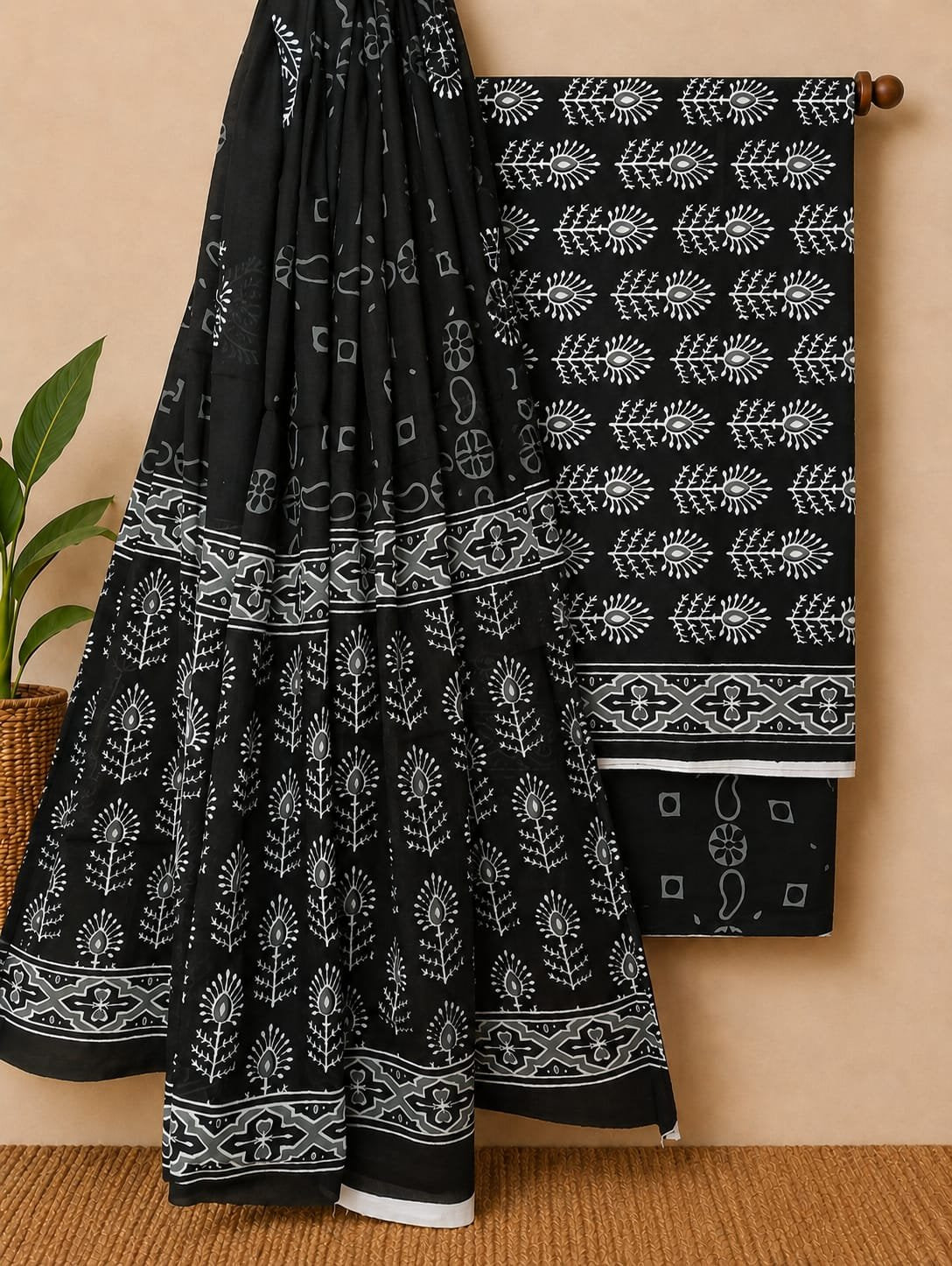 Black ethnic motif cotton salwar suit set