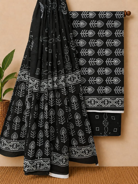 Black ethnic motif cotton salwar suit set
