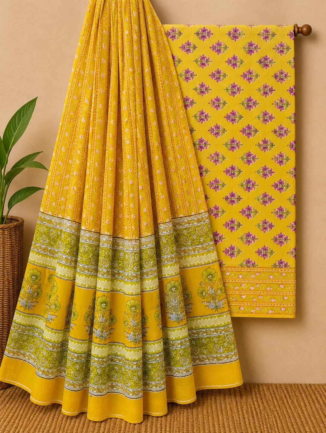 Yellow floral screen print cotton salwar suit set