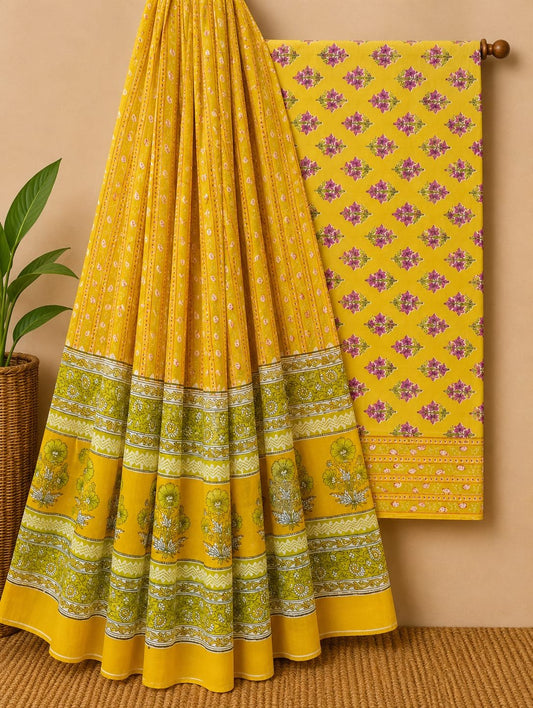 Yellow floral screen print cotton salwar suit set