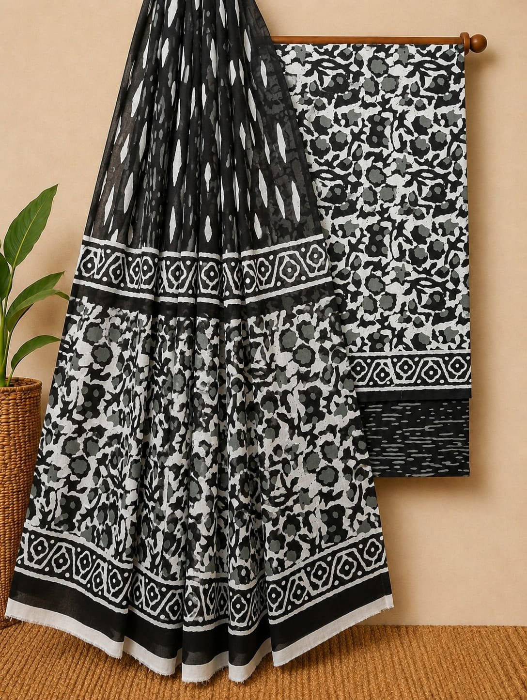 Black white abstract print cotton salwar suit set