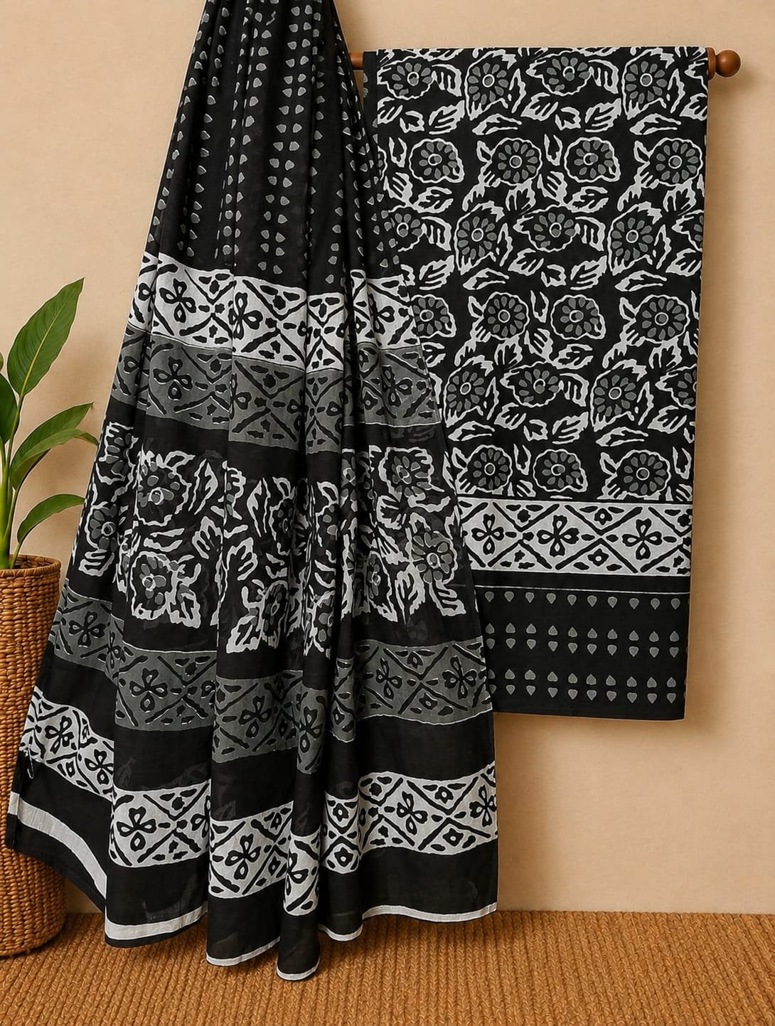 Black floral cotton screen print salwar suit set
