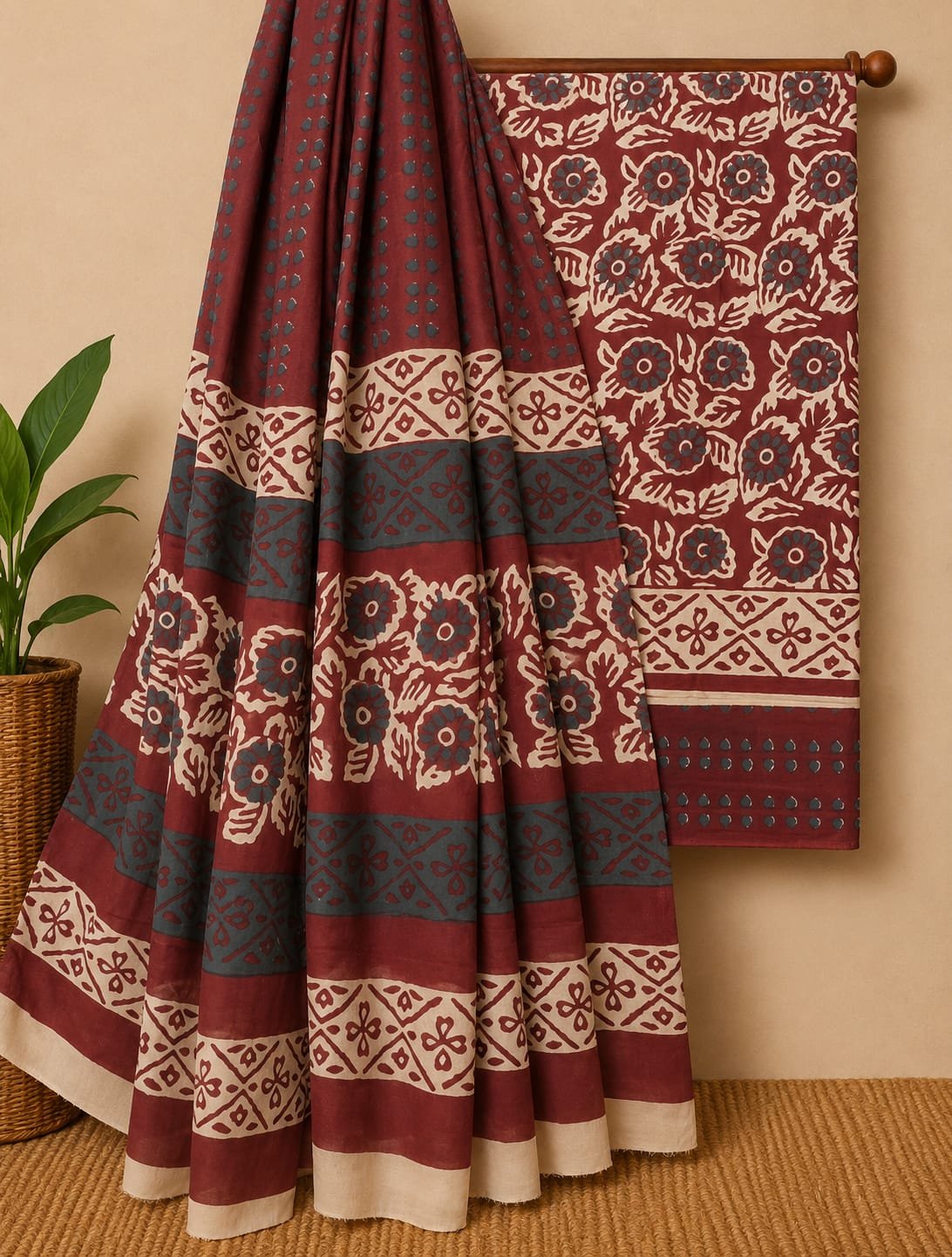 Maroon floral screen print cotton salwar suit