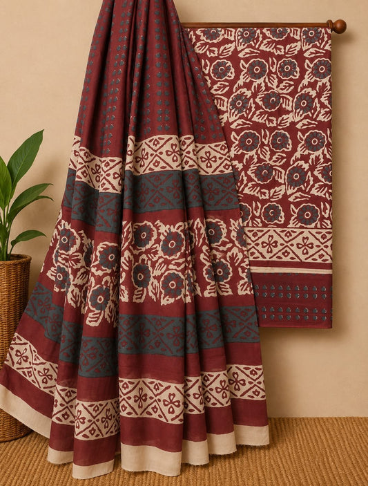 Maroon floral screen print cotton salwar suit