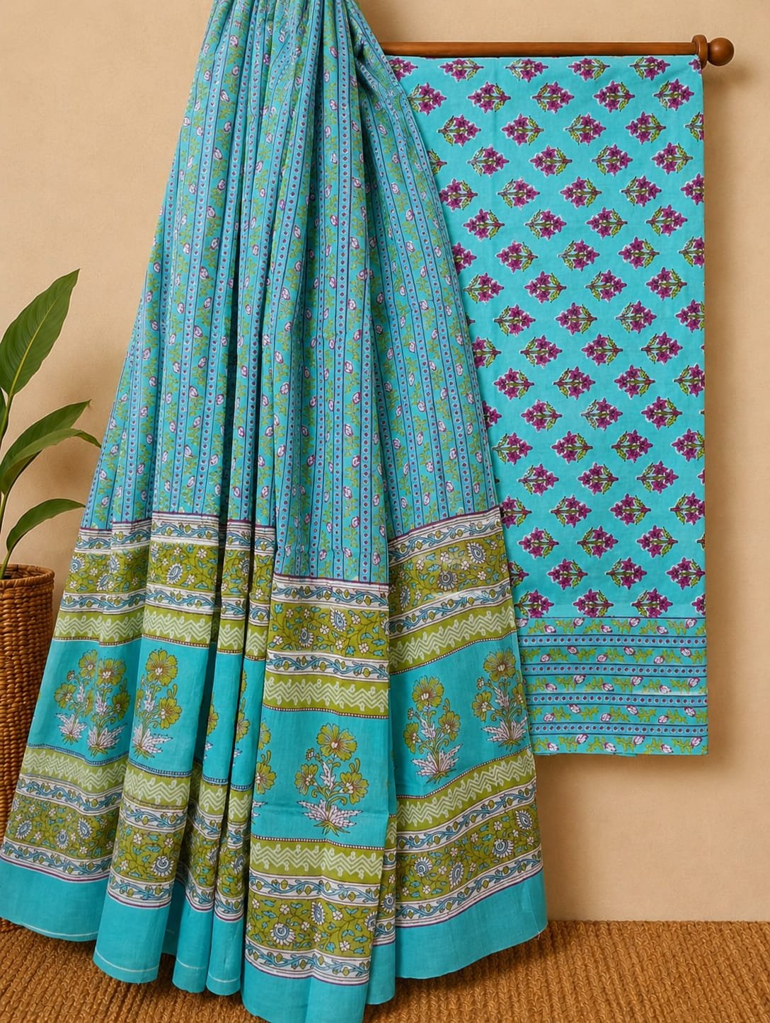 Turquoise geometric screen print cotton salwar suit