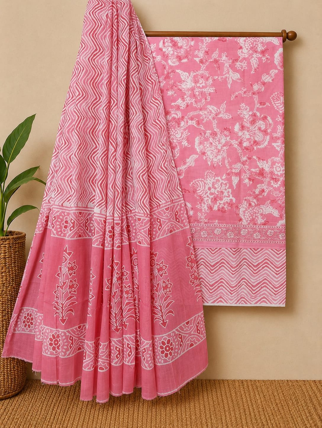 Pink floral screen print cotton salwar suit set