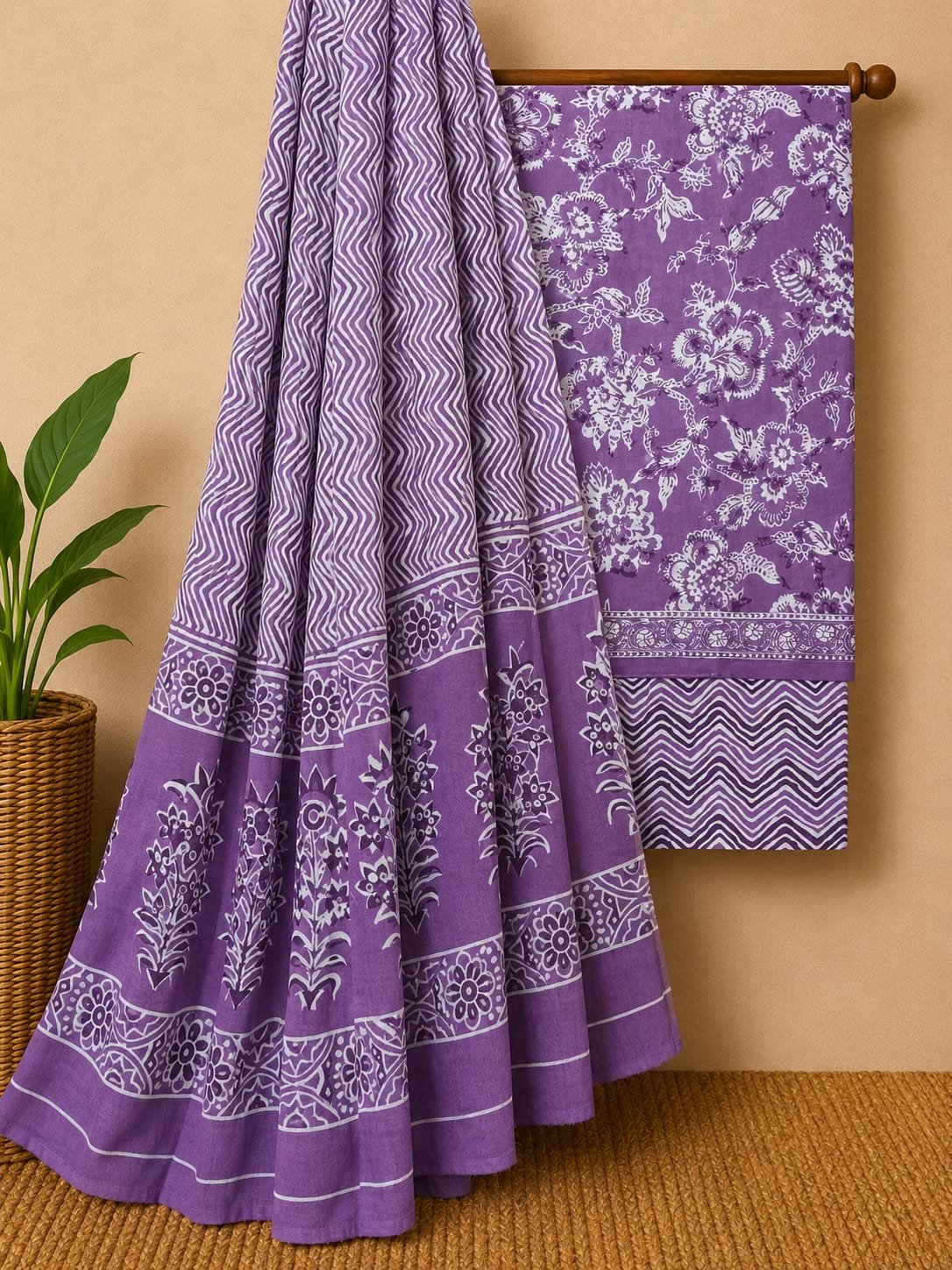 Purple ethnic motif screen print cotton salwar suit