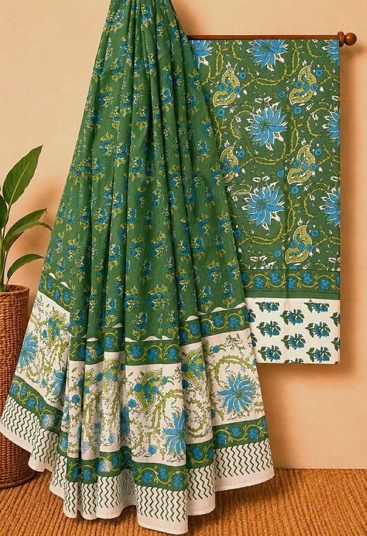 Green floral screen print cotton salwar suit set