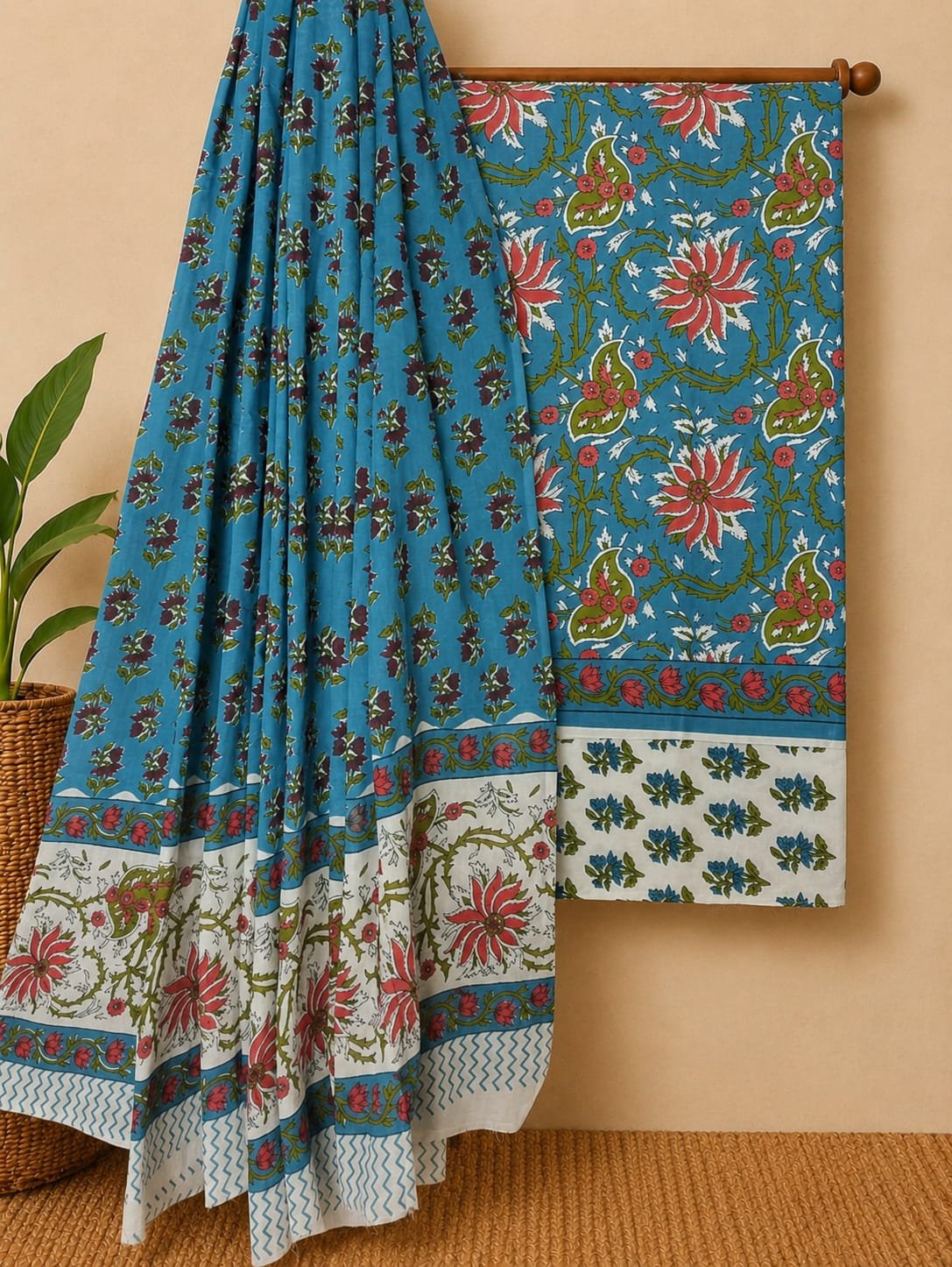 Blue floral screen print cotton suit set