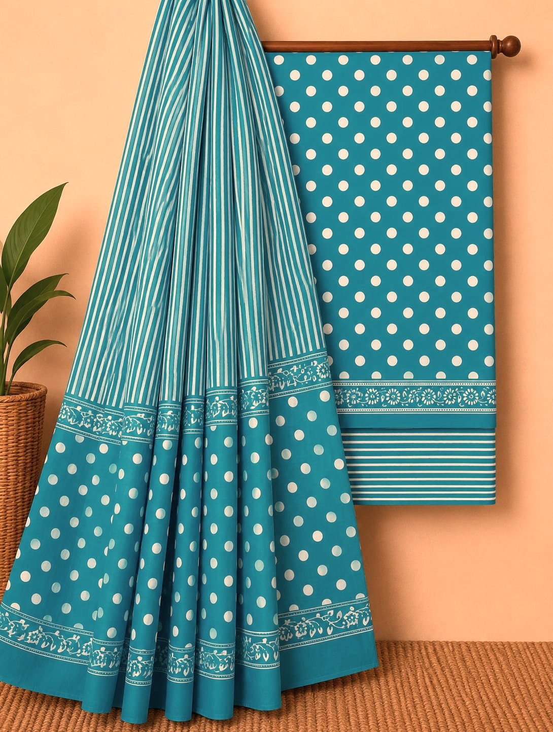 Turquoise polka dot screen print cotton suit