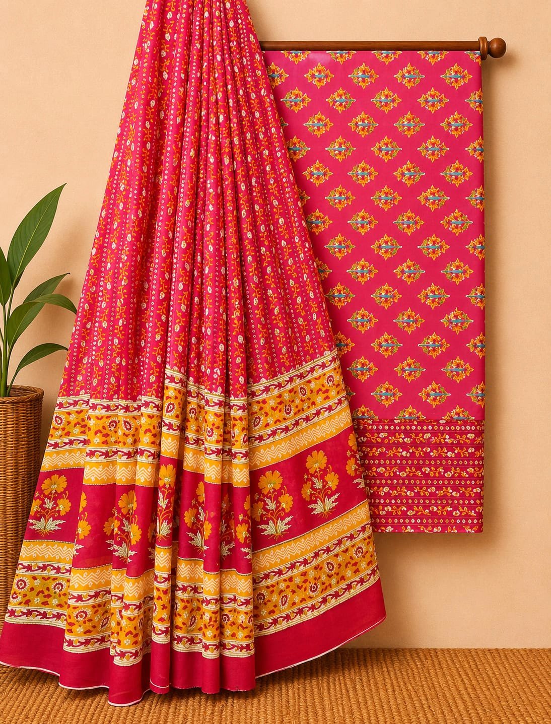 Red yellow ethnic print cotton suit set