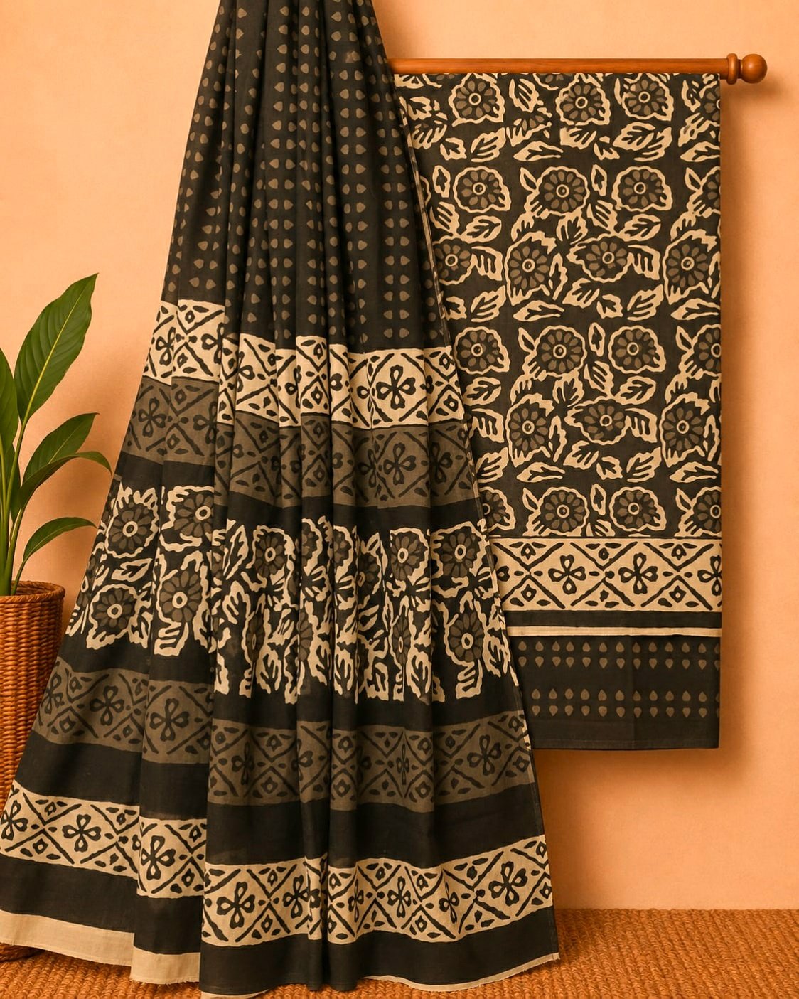 Black beige floral screen print cotton suit