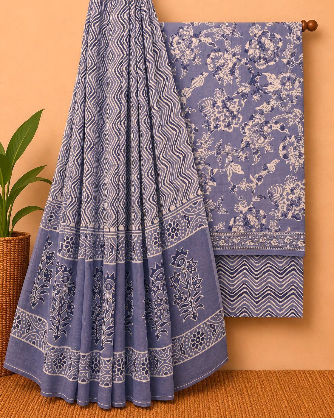 Blue floral screen print cotton salwar suit fabric