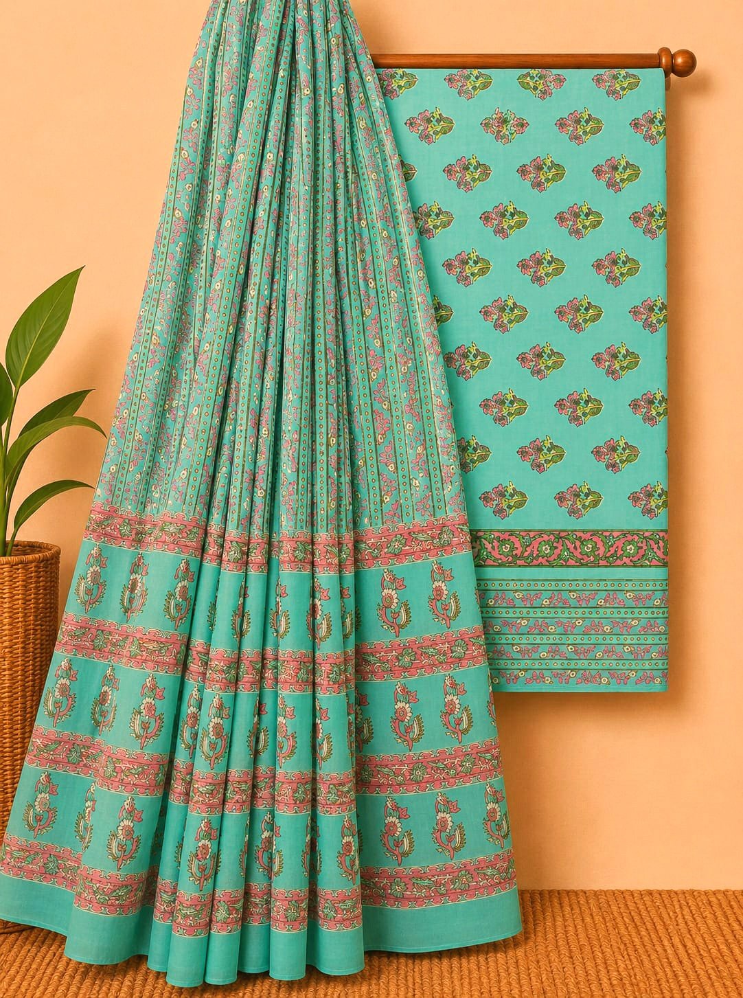 Turquoise ethnic motif cotton salwar suit fabric