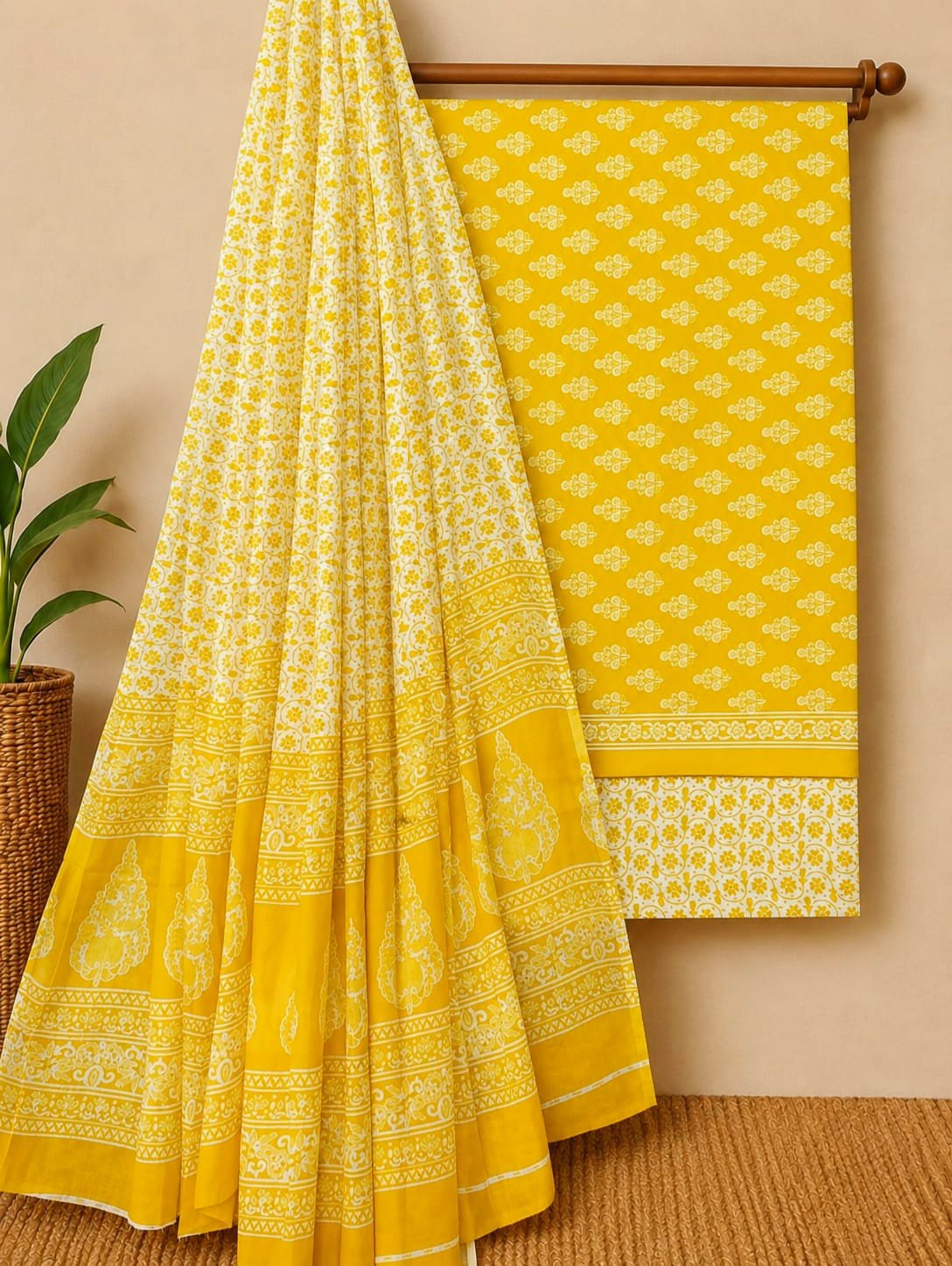 Yellow ethnic motif cotton salwar suit fabric Jaipur