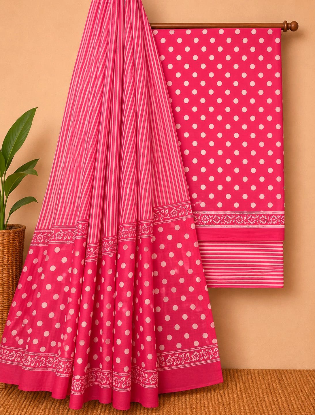 Pink polka dot cotton salwar suit fabric Jaipur
