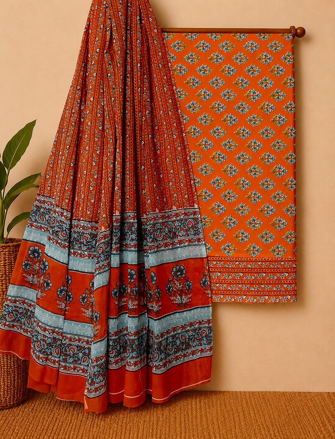 Orange floral cotton salwar suit fabric India