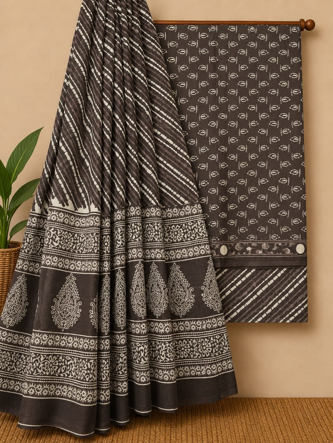Grey ethnic motif cotton suit set Jaipur