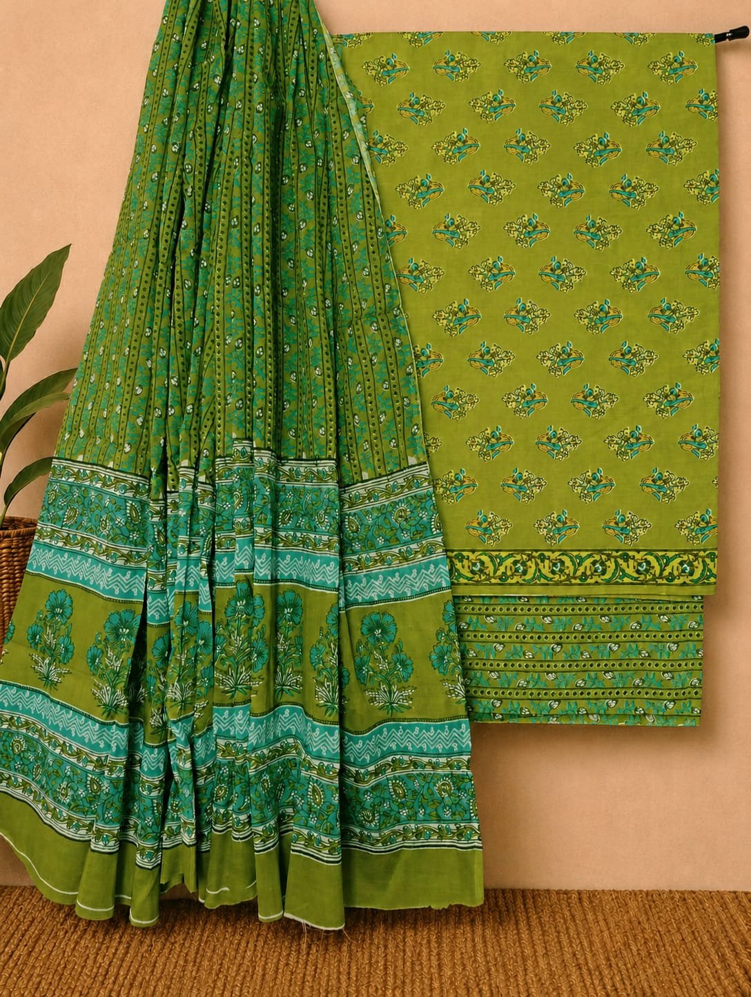 Green floral cotton suit set India