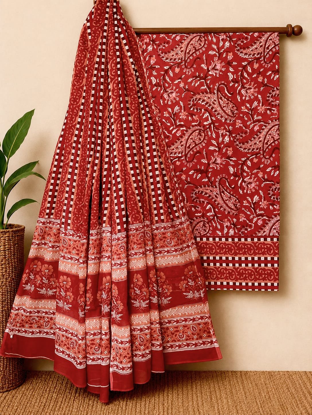 Red paisley cotton salwar suit fabric India