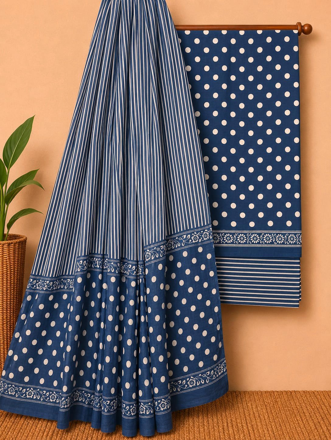 Blue polka dot cotton suit set Jaipur