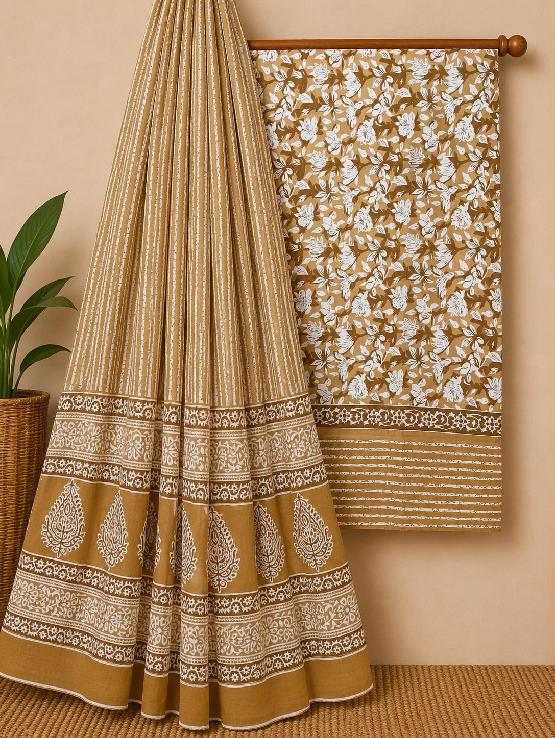Brown floral screen print cotton salwar suit set