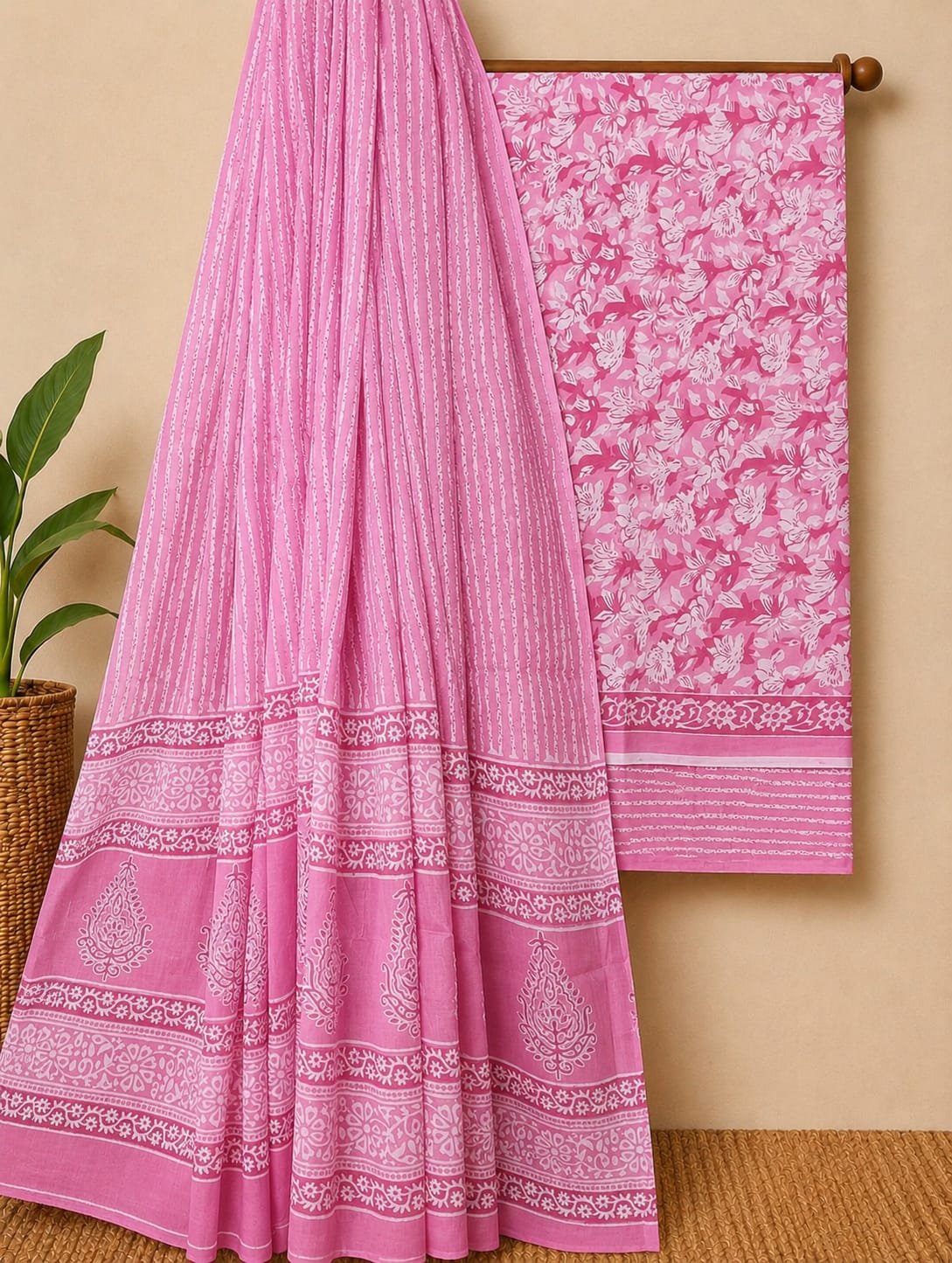 Pink floral screen print cotton salwar suit set