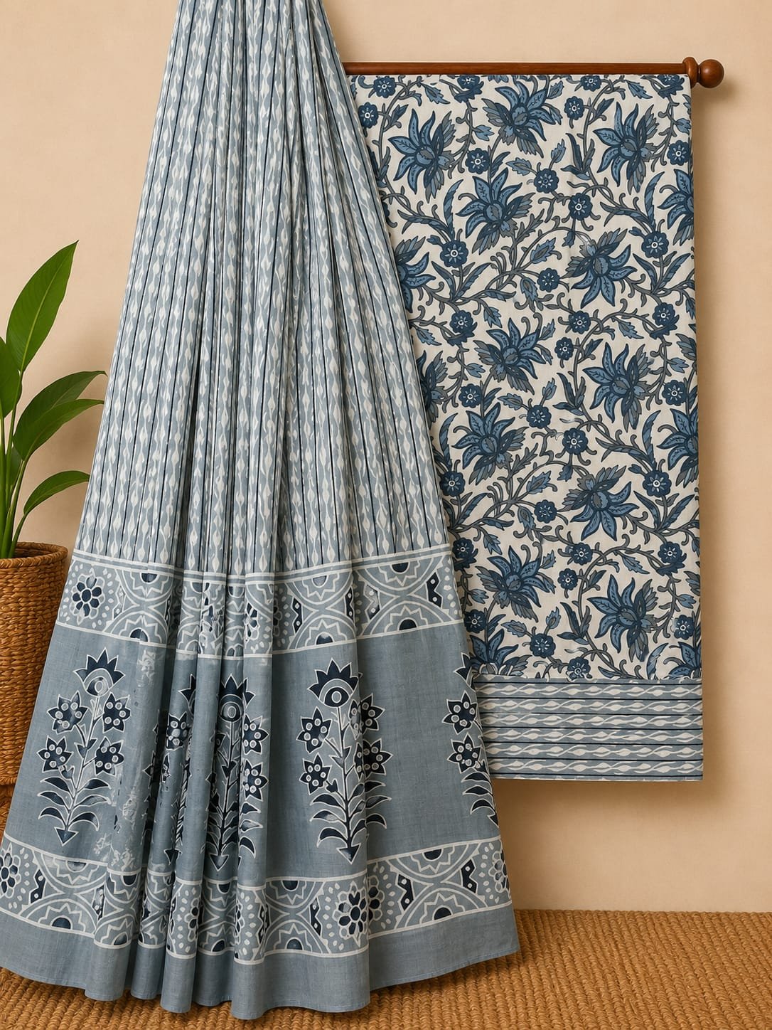 Grey floral screen print cotton salwar suit set