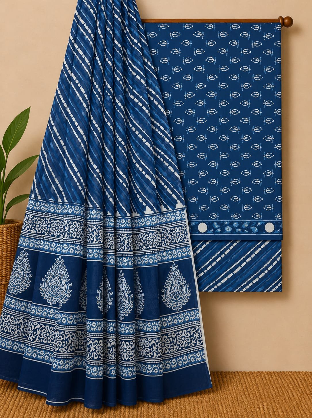 Blue geometric screen print cotton salwar suit set