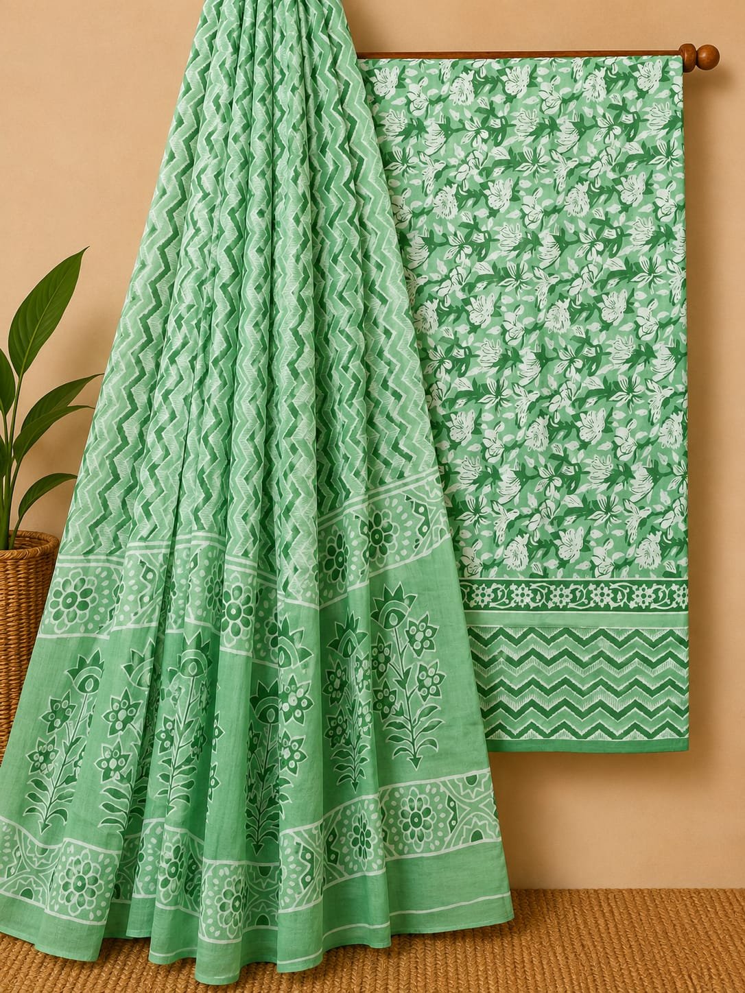 Green floral cotton suit set with dupatta