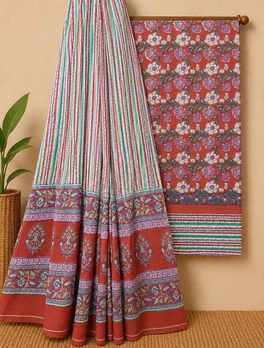 Red ethnic cotton suit set with dupatta India