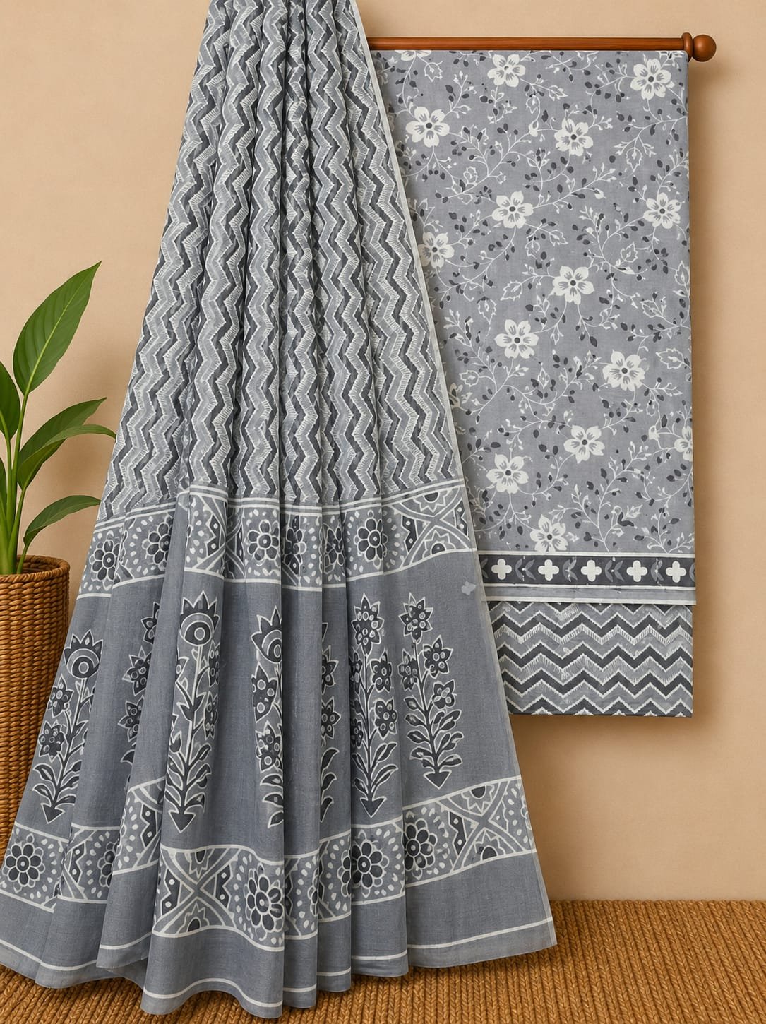 Grey floral cotton salwar suit with dupatta