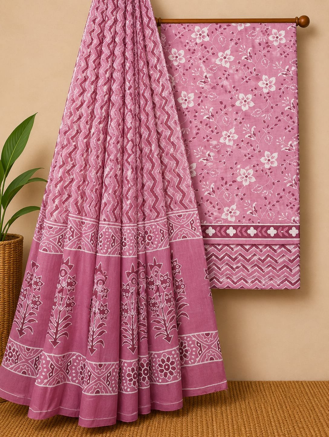 Pink floral cotton salwar suit with dupatta