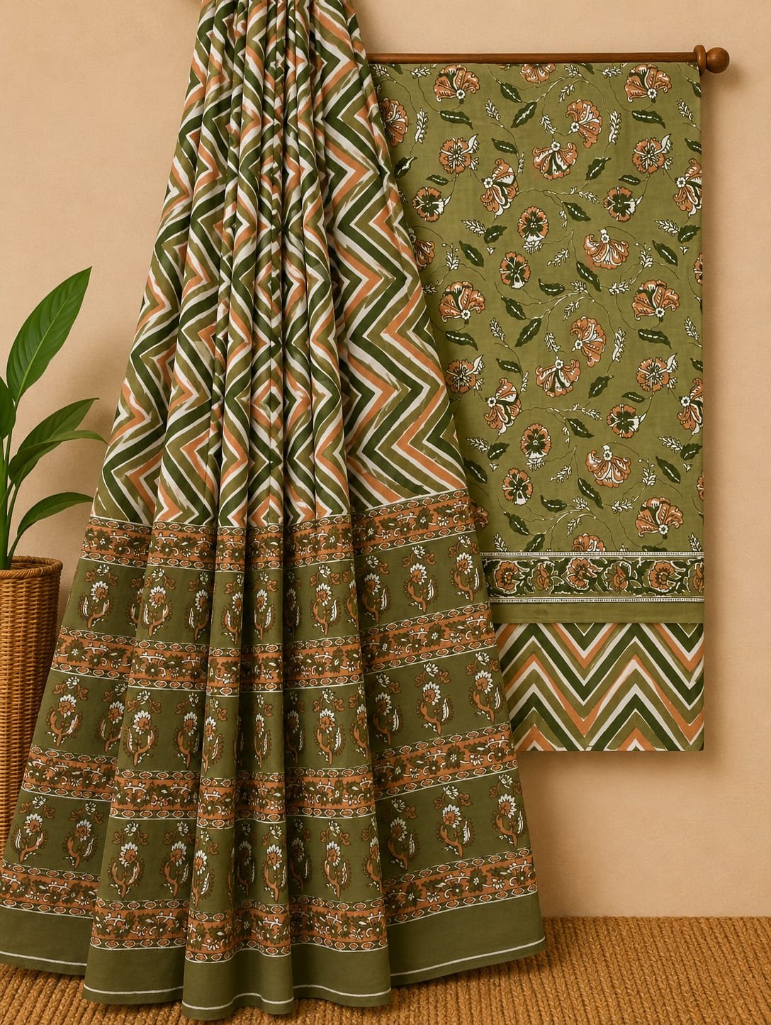 Green ethnic motif cotton salwar suit with dupatta
