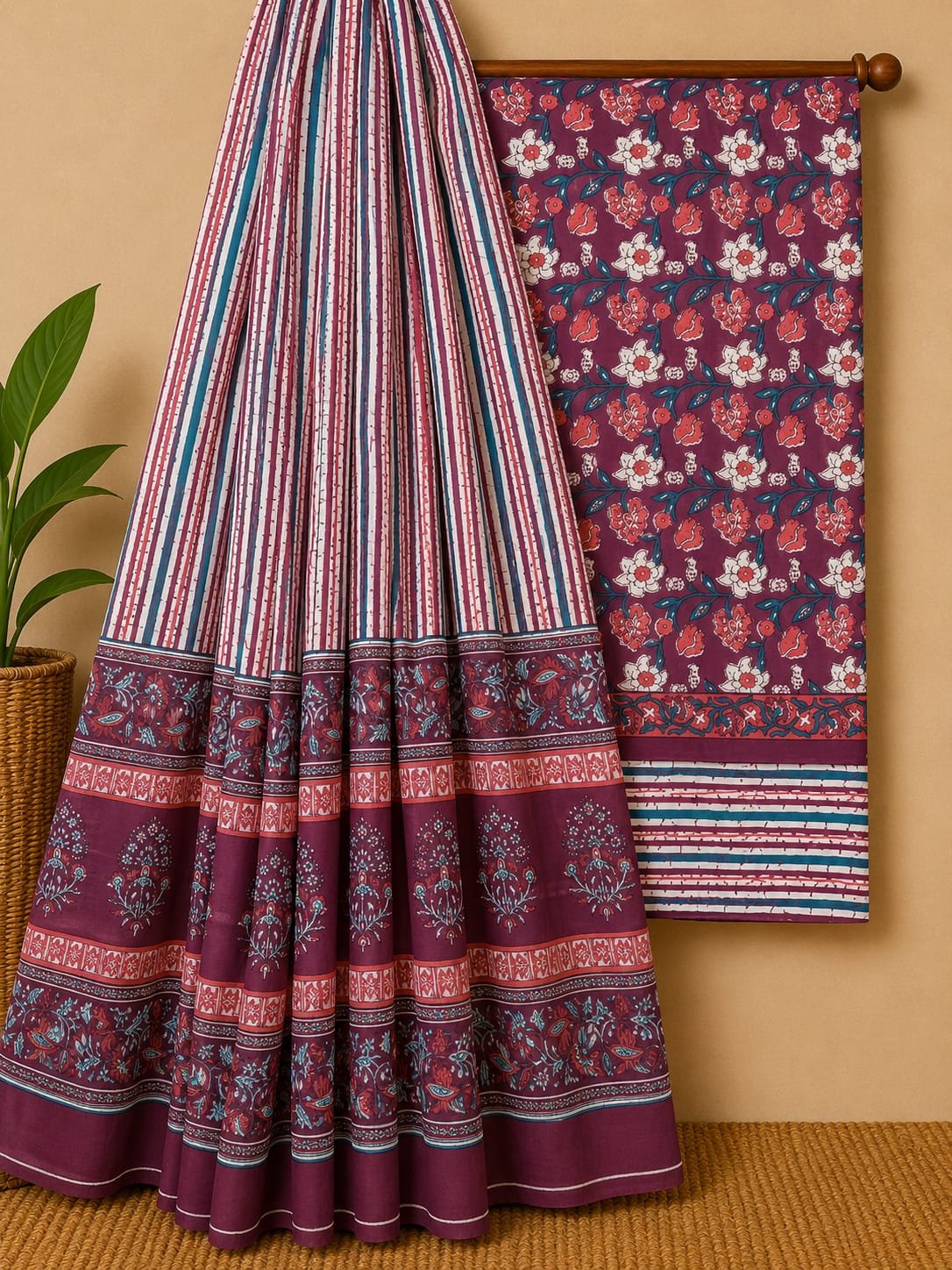 Maroon floral cotton salwar suit with dupatta