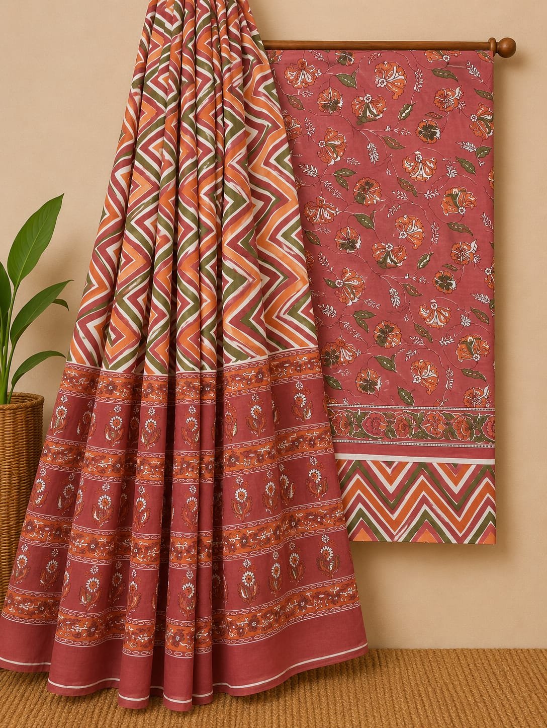Red ethnic motif cotton salwar suit with dupatta