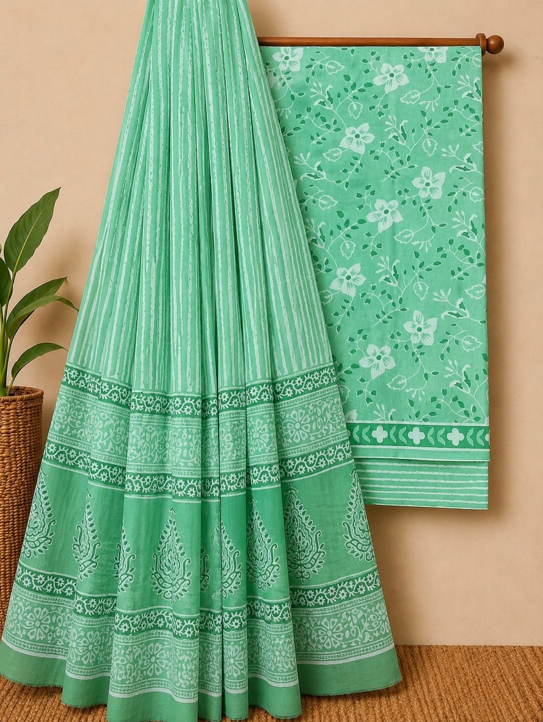 Green floral cotton salwar suit with dupatta