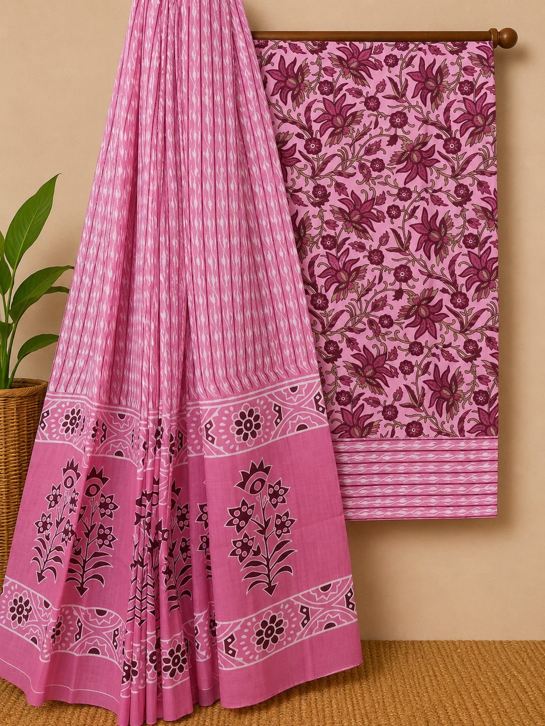 Pink floral cotton salwar suit with dupatta