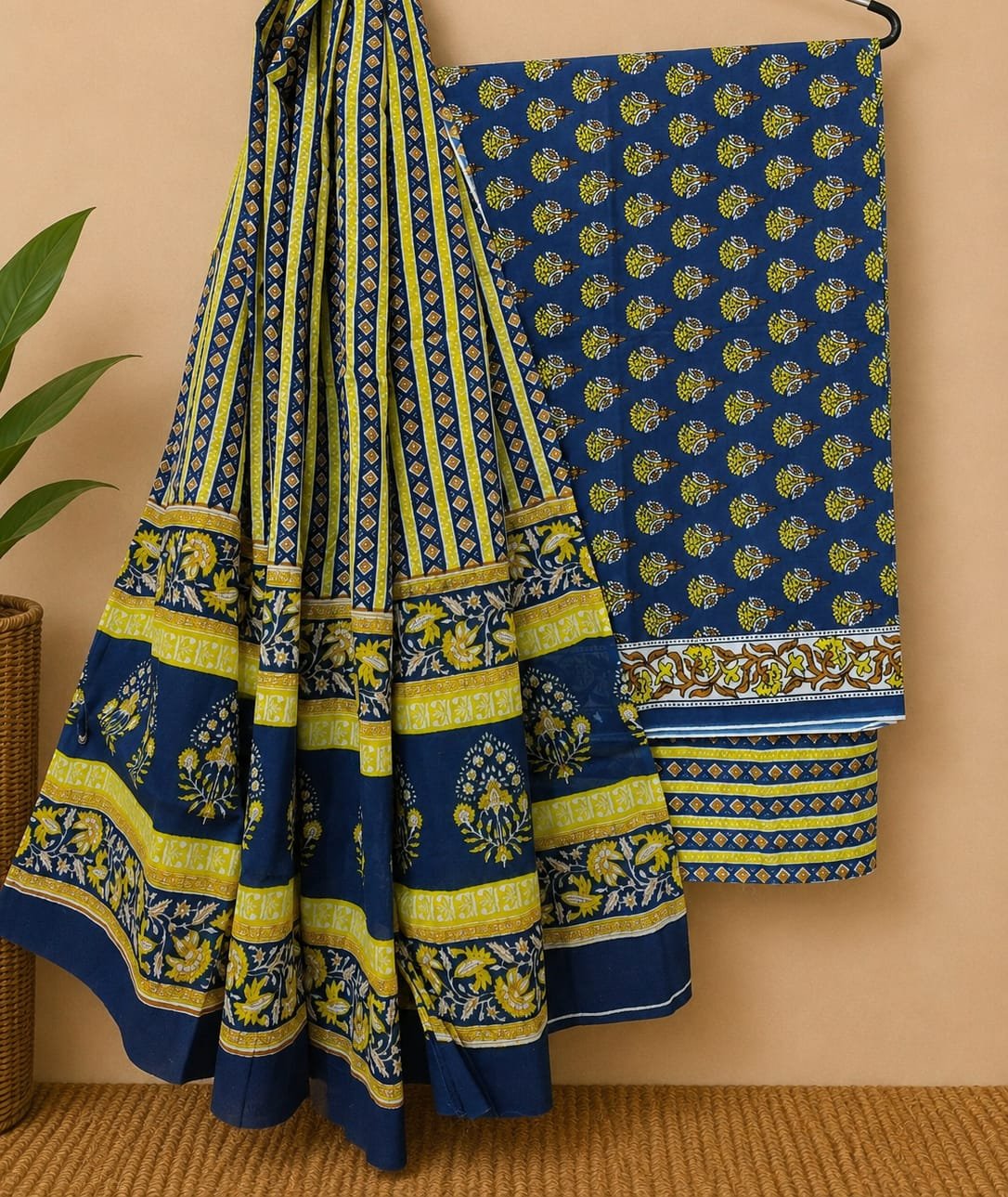 Blue geometric cotton salwar suit fabric India