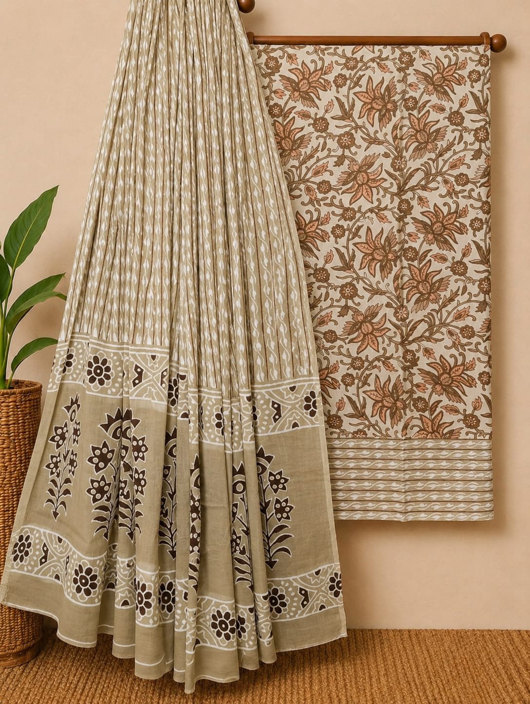 Beige ethnic motif cotton screen print salwar suit